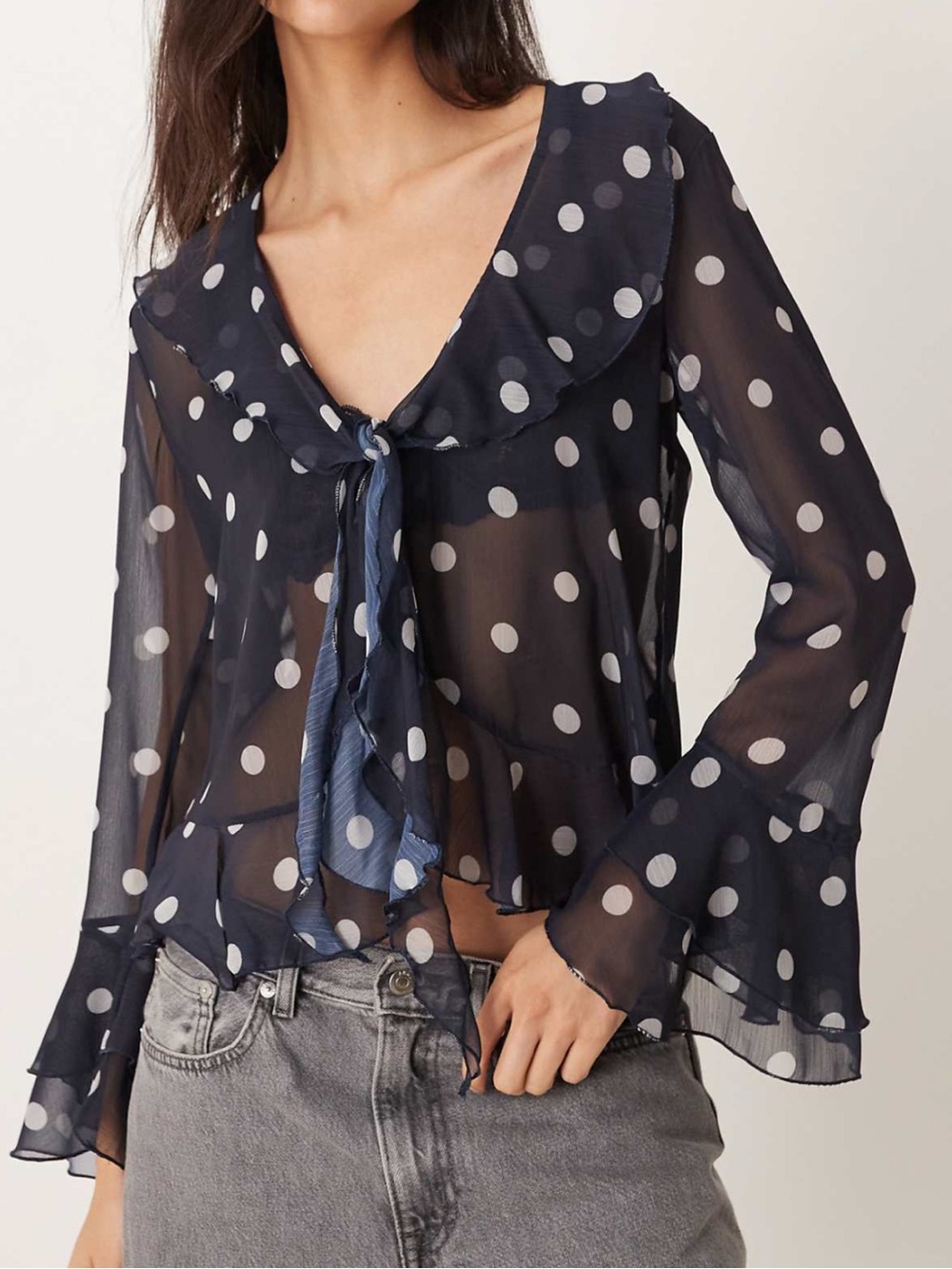 ASOS dot navy sheer top US 4